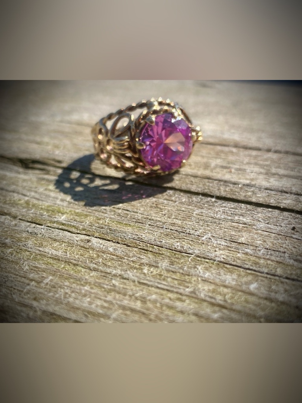 Vintage Rare 10k Gold Filigree Ring with Pink Zirconia